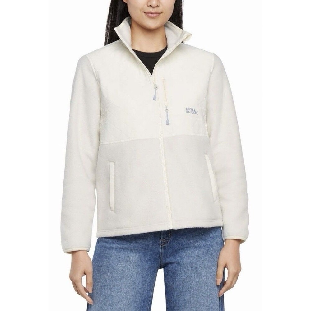 NEW Eddie Bauer Mixed Media Fleece Jacket Women Large Cream Quilted Full Zip